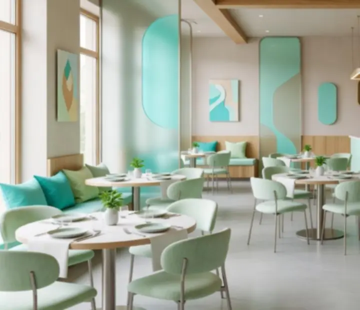 Modern, fiatalos rendezvényterem üveg és pasztell elemekkel
