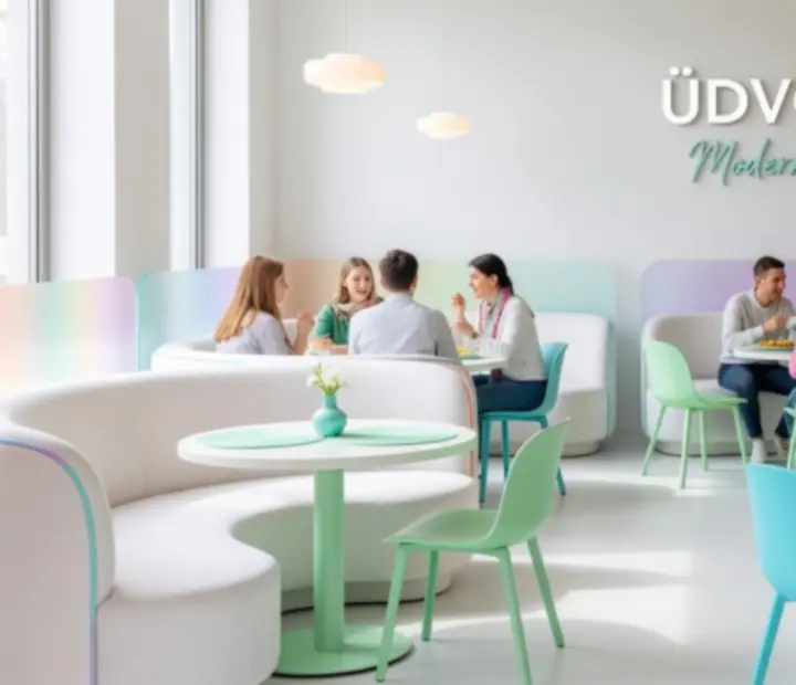 Modern, üvegfelületekkel és lekerekített bútorokkal kialakított éttermi enteriőr